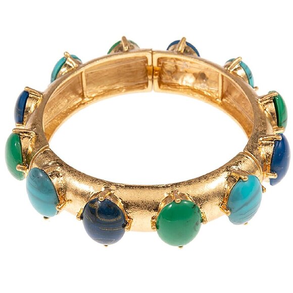 Byzantine Inspired Stone Gold Dipped Stretch Cuff Bangle Bracelets SET of 2 - Picture 4 of 11